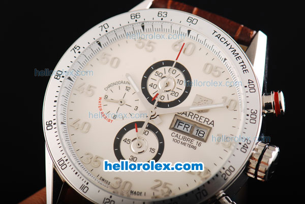 Tag Heuer Carrera Calibre 16 Chronograph Miyota Quartz Movement Swiss Coating Case with White Dial and Silver Numeral Markers - Click Image to Close